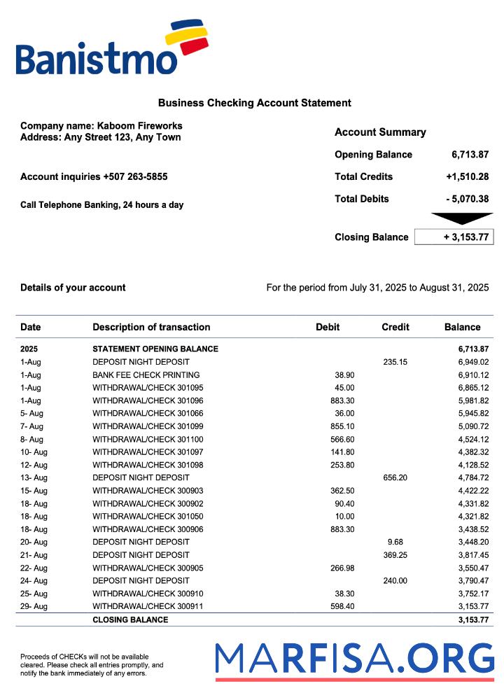 Realistic Panama Banistmo bank company checking account statement Word and PDF template